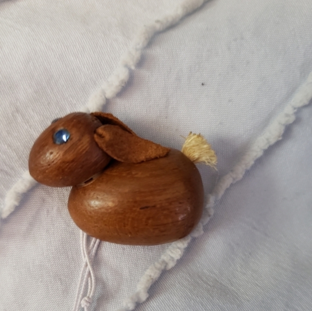 Wooden Teak Bunny Figurine with Blue Eyes Brooch Pin